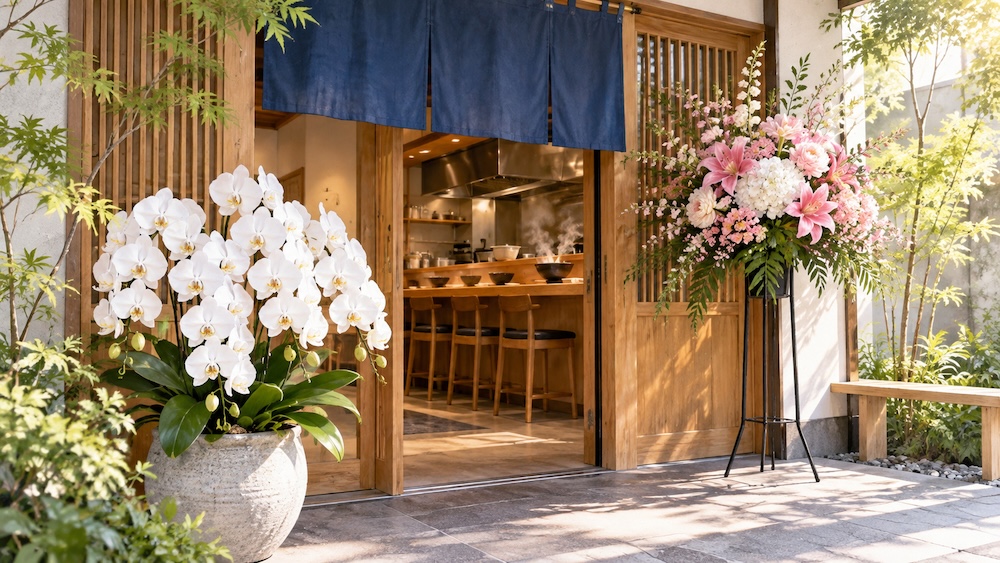 ラーメン屋の開店祝いの花｜後始末まで考えて選ぶ胡蝶蘭とスタンド花